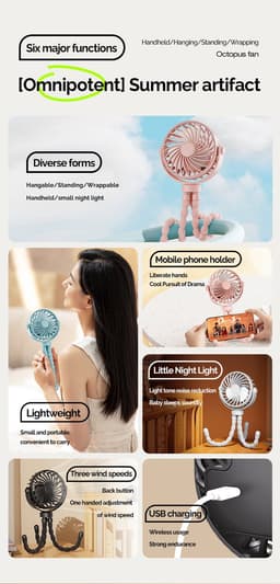 Handventilator - Draagbare Ventilator Oplaadbaar - Blauw - Hand Tafelventilator Draadloos - Kinderwagen Mini Fan - 3 Standen - mini ventilator - festival ventilator - octopus ventilator — thumbnail 3