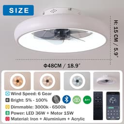 RFWR® Moderne Plafondventilator met Licht en Afstandsbediening - Dimbaar, 36W LED, 6 Snelheden, voor Slaapkamer en Woonkamer — thumbnail 3