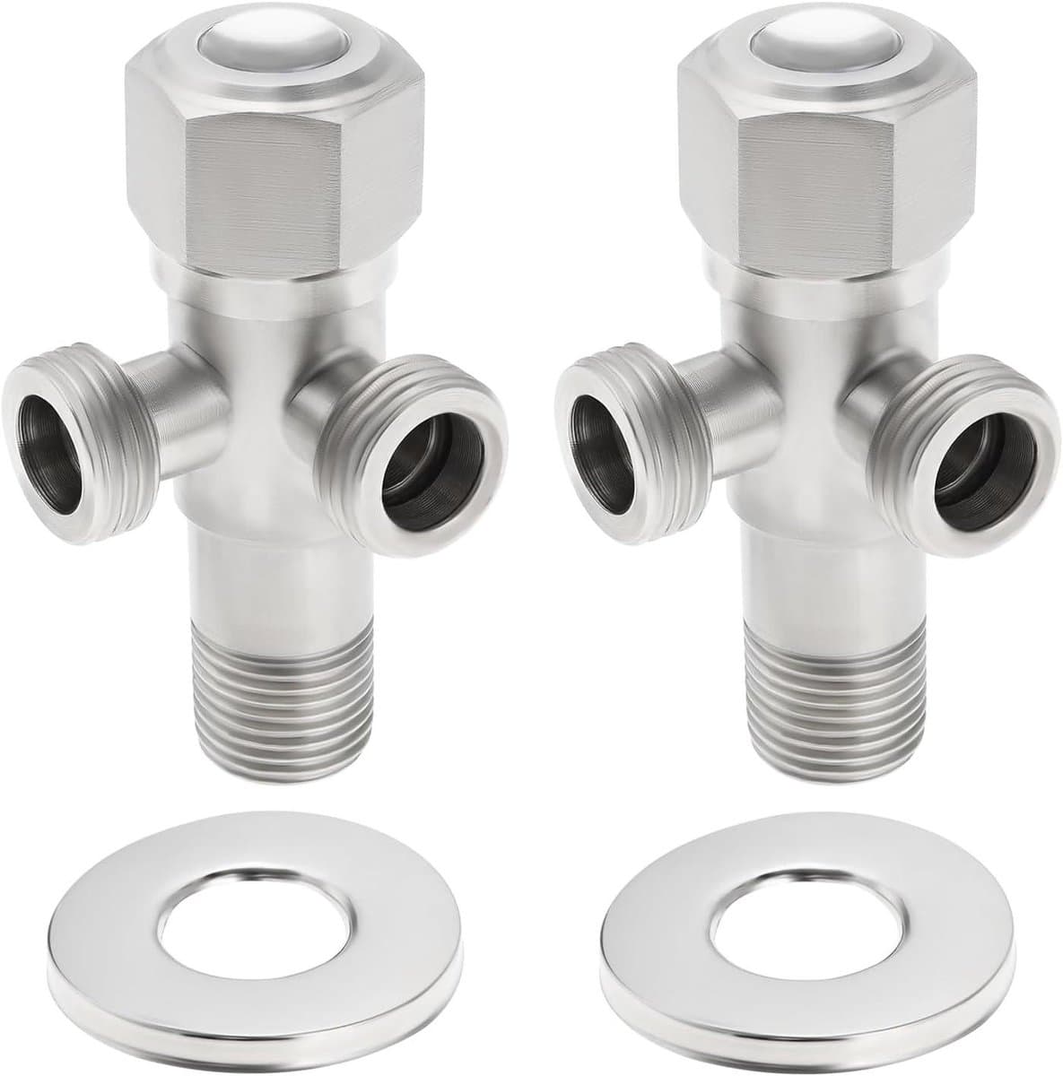 JGS Premium - Dubbele hoekventielen van roestvrij staal - Set van 2 - Voor wasmachine en boiler - Zilverkleurig - Installatie van 1 inlaat en 2 uitgangen — afbeelding 1