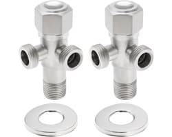 JGS Premium - Dubbele hoekventielen van roestvrij staal - Set van 2 - Voor wasmachine en boiler - Zilverkleurig - Installatie van 1 inlaat en 2 uitgangen