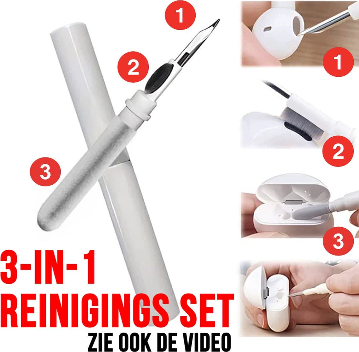 Allernieuwste Apple Airpods Schoonmaakset 3-in-1 Pen - Air Pod Oordopjes Reinigen Schoonmaken - Airpod Reinigingset - Oortjes Ontsmetten - Wit — afbeelding 1