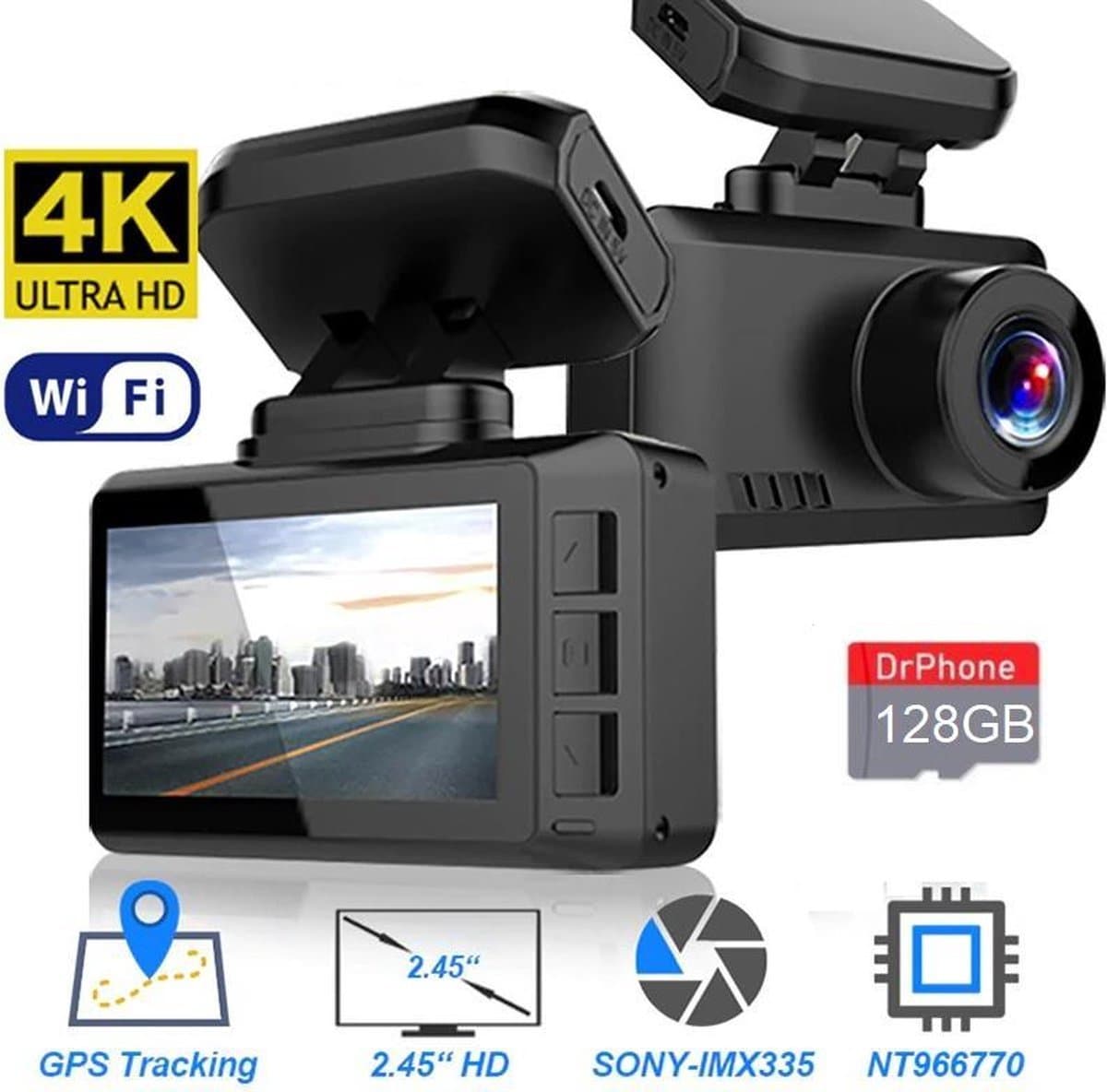 DrPhone Dashcam D07-C - 4K Ultra HD Dashcam – Parkeermonitor – Lens: SONY IMX 307 - G-Sensor Kijkhoek van 170 ° - Dashboard Camera met Nachtzicht – Wifi + Applicatie + 128 Micro SD — afbeelding 1