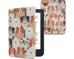 kwmobile e-reader hoesje geschikt voor Kobo Clara 2E hoes - E reader flip case met magnetische sluiting - Ereader cover - Honden Ontwerp design in wit / lichtbruin / grijs