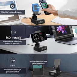 longziming -Multifunctionele Draadloze Bluetooth – Alles-in-1 Bluetooth Speaker met Draadloze Oplader en Wekker – Telefoonhouder & Nachtkast-Organizer – Compact Bureau- en Bedside Accessoire - Zwart — thumbnail 4