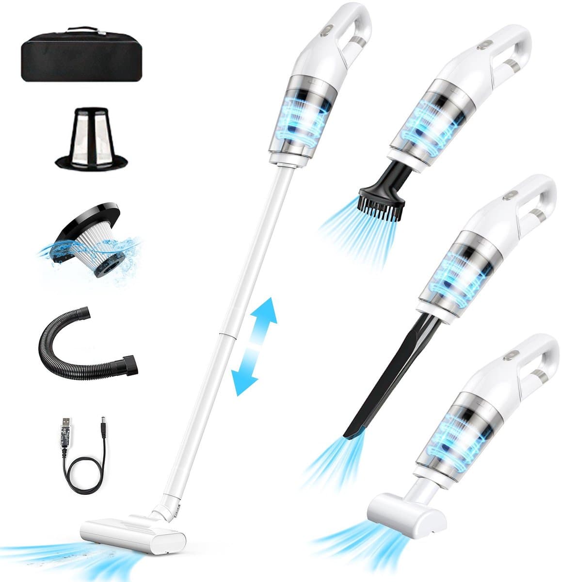 Wishdor 2-in-1 Draadloze Steelstofzuiger & Handstofzuiger (Kruimeldief) - 10.000 Pa - 120W - Inclusief Accessoires - Voor Auto en Huis - Wit — afbeelding 1