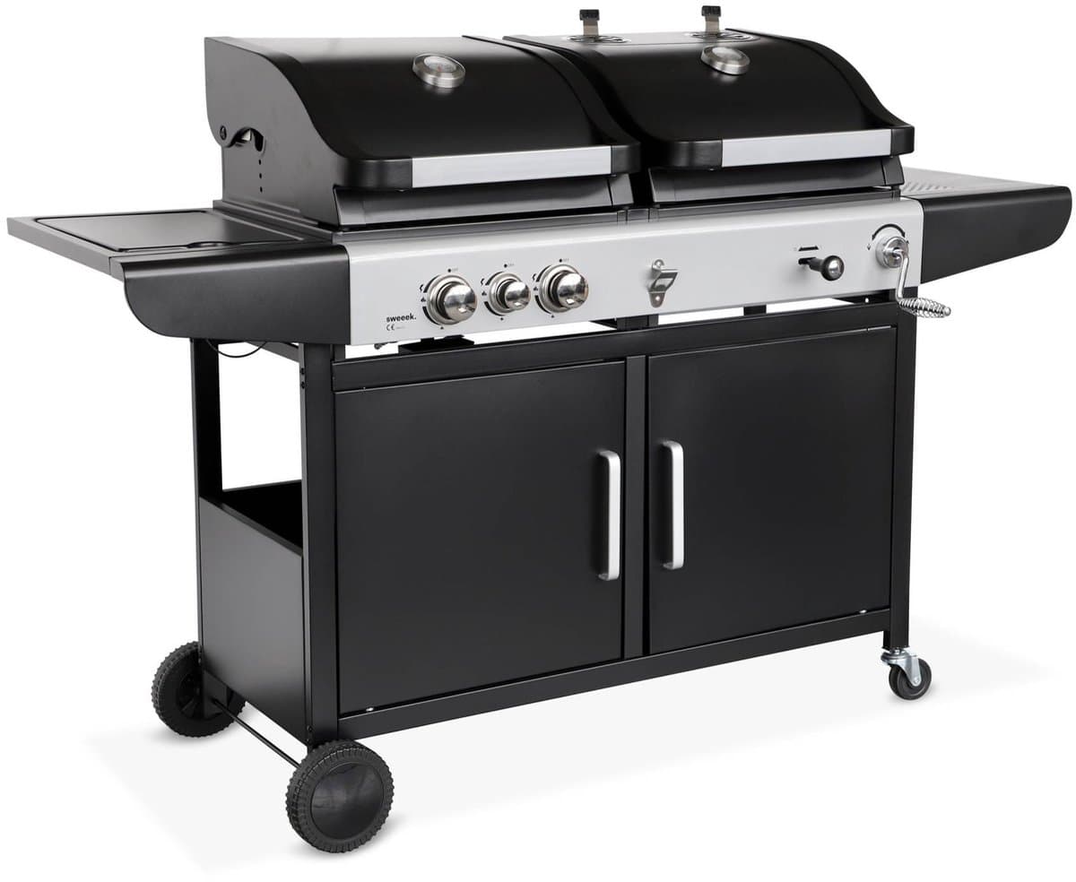 sweeek - 2-in-1 barbecue, gas en houtskool, 2 branders + 1 zijbrander, gietijzeren roosters, thermometers - marsac — afbeelding 1