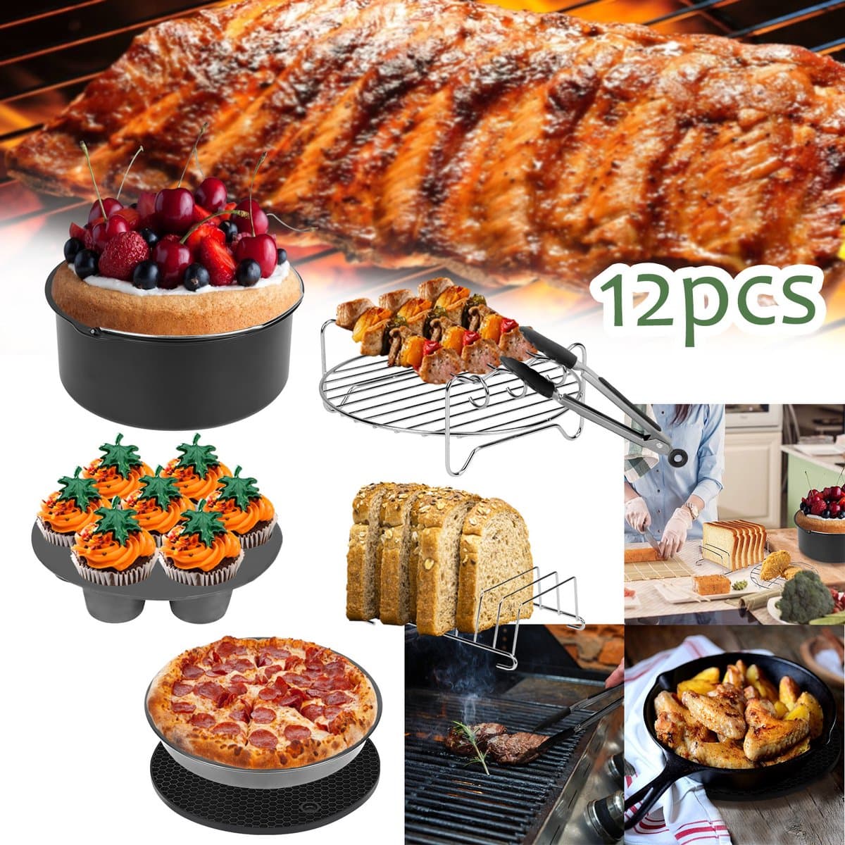 12 stuks 8 inch accessoires voor heteluchtfriteuse met antiaanbaklaag, machinewasbaar, voor siliconen bakvorm accessoires voor heteluchtfriteuse — afbeelding 1