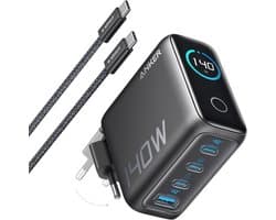 140W USB-C oplader, Anker lader voor laptops , 4 poorten voor snelladen van meerdere apparaten, geavanceerde GaN-lichtnetadapter, intuïtieve touch-bediening- zwart