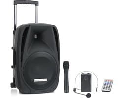 Accu-Actieve Speaker 12" met Trolley - Draadloos, Bluetooth, 5u Speeltijd, Incl. Microfoon en Afstandsbediening