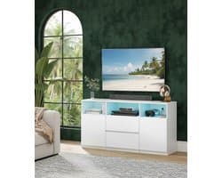 Modern TV-meubel met RGB LED-verlichting – Wit TV-standaard voor televisies tot 65 inch – Sideboard met 2 lades en 3 open vakken – Hoogwaardig MDF – Kabelmanagement – Woonkamer & Slaapkamer Depauwwonen