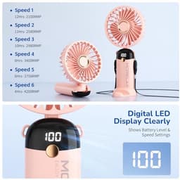 Handmatige Ventilator met LED Scherm en 4000mAh Batterij - 5-in-1 Reis, Bureau en Nekventilator (Roze) — thumbnail 5