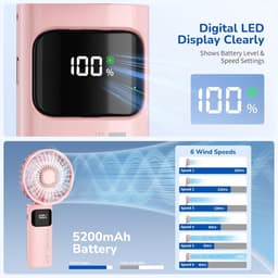 Draagbare Mini Ventilator met 6 Snelheden en 5200 mAh Accu - Opvouwbare USB Ventilator voor Thuis, Kantoor en Buiten — thumbnail 4