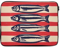 Laptophoes 15.6 inch - Sardines - Rood en beige strepen - Laptop sleeve - Binnenmaat 37x26 cm - Zwarte achterkant