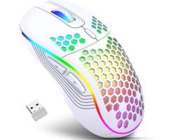 Muis Draadloos - Game Muis - met RGB-achtergrondverlichting - 6 knoppen verstelbaar - Rgonomisch ontworpen - Honingraatstructuur - Oplaadbare gamingmuis - geschikt voor laptop, pc, desktop - Wit