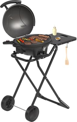 KitchenBrothers Elektrische BBQ - Opvouwbaar - Barbecue met Wielen - Anti-aanbaklaag - Zijtafel - tot 250°C - 2400W - Zwart — thumbnail 1