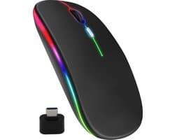 Draadloze LED Bluetooth Muis - Ergonomisch - RGB - Laptop en Gaming - Draadloos - Zwart - Met USB-C hub