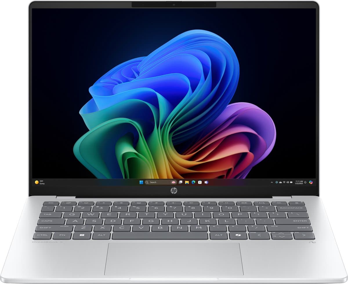 HP OmniBook 5 NGAI 14-he0900nd Copilot+ PC Snapdragon X1-26-100 Laptop 35,6 cm (14") 2K 16 GB LPDDR5x-SDRAM 512 GB SSD Wi-Fi 6E (802.11ax) Windows 11 Home Zilver QWERTY — afbeelding 1
