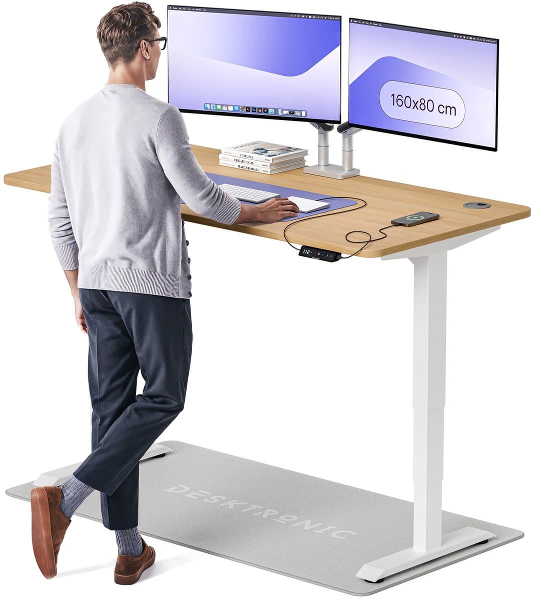 Desktronic HomePro Zit-sta Bureau Elektrisch In Hoogte Verstelbaar, 160x80cm Wit/Eiken, Stille Dubbele Motor, Hoogte 62-126cm — afbeelding 1