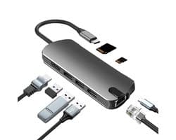 8-in-1 USB-C hub met USB 3.0, HDMI, RJ45, SD/TF-kaartsleuf, 100 W PD-opladen