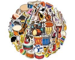 50 Muziek Stickers met Muziekinstrumenten - Piano, Gitaar, Trompet, Drums etc. - Voor Laptop, Koffer, Instrument, Muur etc.