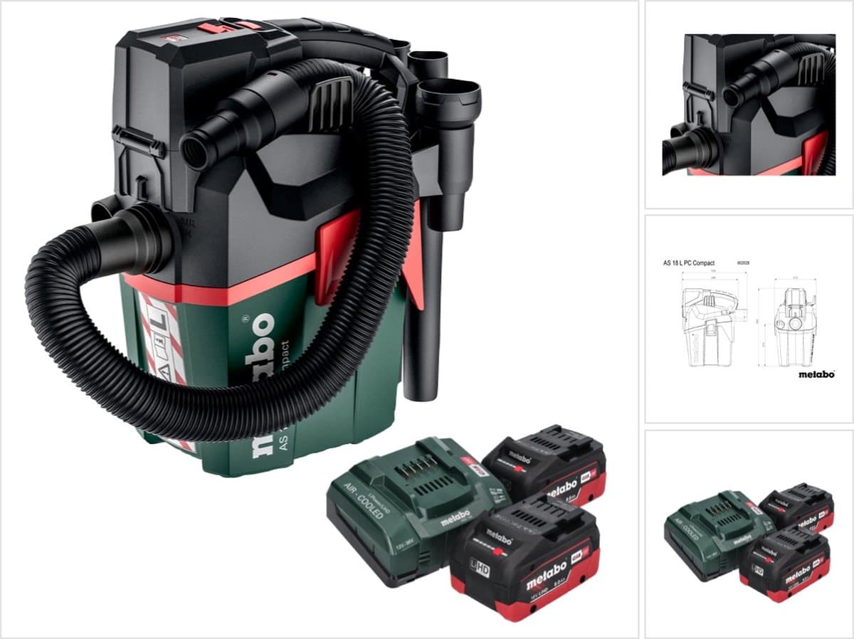 Metabo AS 18 L PC Compact accustofzuiger 18 V 6 l IPX4 stofklasse L nat en droog + 2x accu 8,0 Ah + oplader — afbeelding 1