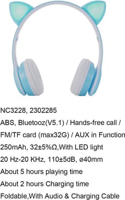 M.TK Draadloze Koptelefoon voor kinderen Blauw Kleur - Bluetooth Hoofdtelefoon 5 uur ononderbroken speeltijd - Kinder Hoofdtelefoon-Draadloze Koptelefoon - Blauw Kleur — thumbnail 3