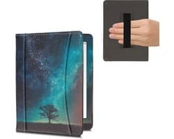 kwmobile flip cover geschikt voor Kobo Aura H2O Edition 2 - Hoes met handgreep en voorvak voor e-reader - Book case in blauw / grijs / zwart - Sterrenstelsel en Boom design