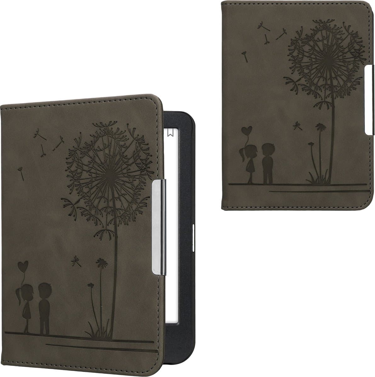 kwmobile ereader hoesje van kunstleer - geschikt voor Kobo Clara BW / Colour - Met magneetsluiting - In grijs Paardenbloemen Liefde design — afbeelding 1