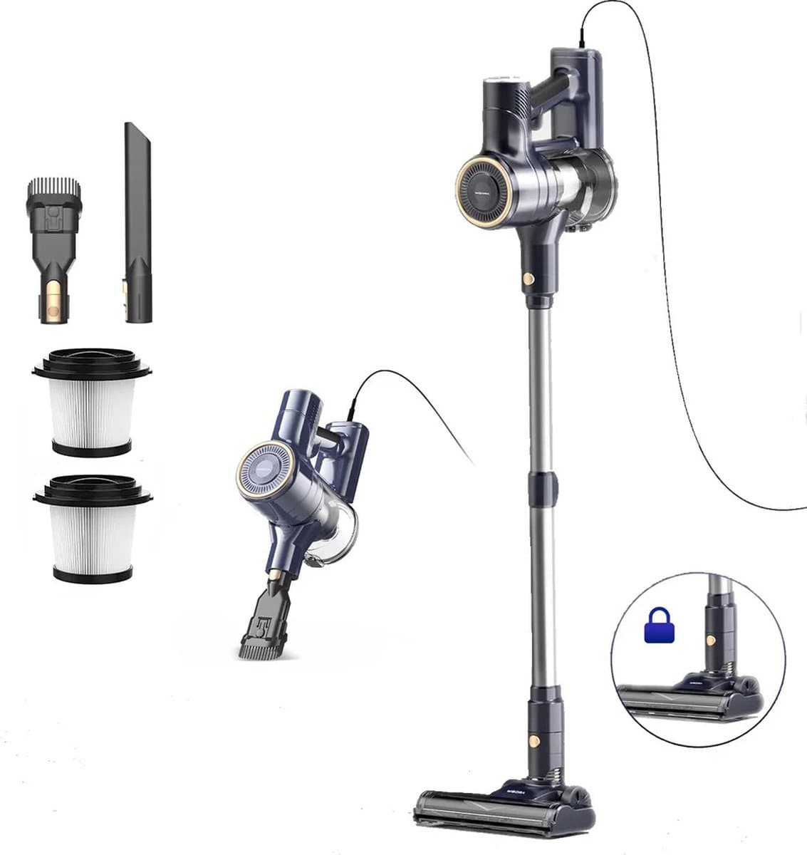 RM Store® - Steelstofzuiger Met Draad - Stokstofzuiger - Stofzuiger - Verschillende Opzetstukken - LED Lampen - Tapijt - Vloer - Dieren - Blauw — afbeelding 1