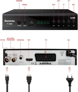 TNT HD Decoder 2025 – DVB-T2/C, H.265 HEVC FTA Full HD PVR, USB, HDMI, SCART, Digitale Terrestrische Tuner, Full HD 1080p Ontvanger, 2-in-1 Universele Afstandsbediening — thumbnail 2
