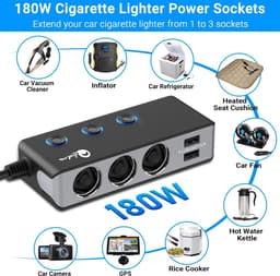 Thijox - Verbeterde QC 3.0 Auto Sigarettenaansteker met 120W DC, 3 Contactdozen en 4 USB Poorten voor Snel Opladen van iPhone, Android, GPS, Dashcam e — thumbnail 2