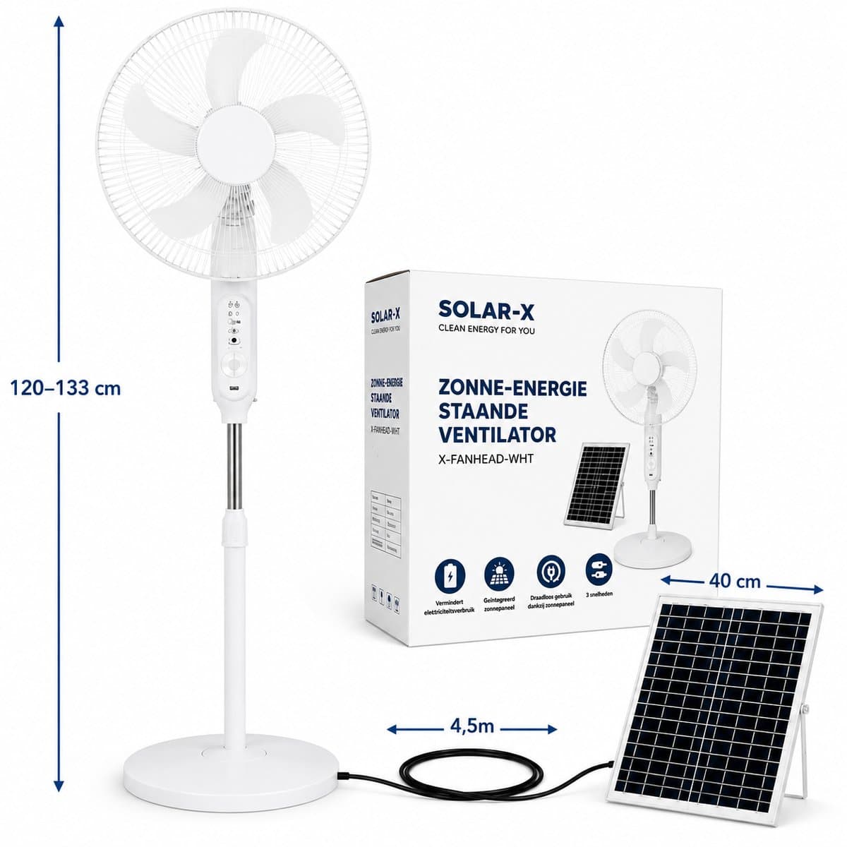 Zonne-energie Staande Ventilator – 120-133 cm – Zonnepaneel & Accu – 3 Snelheden – Wit - Met afstandsbediening - Ingebouwde nachtlamp — afbeelding 1
