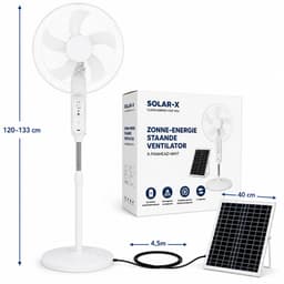 Zonne-energie Staande Ventilator – 120-133 cm – Zonnepaneel & Accu – 3 Snelheden – Wit - Met afstandsbediening - Ingebouwde nachtlamp — thumbnail 1