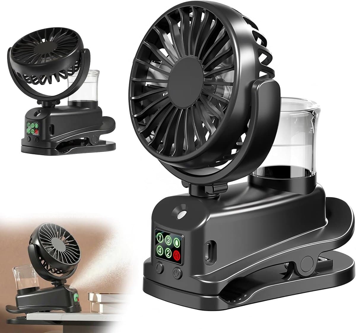 Mini USB-clipventilator, mini oplaadbare luchtbevochtiger met nevel, 4 windsnelheden, tafelventilator, mini draagbare ventilator voor thuis, bureau en kantoor (zwart). — afbeelding 1