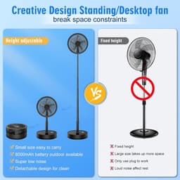 Kraftverdia Opvouwbare vloerventilator – Draagbare ventilator – Reisventilator – Stille bureauventilator – 4 snelheidsstanden – 180 graden verstelbare hoek – Geschikt voor slaapkamer, camping, kantoor en op reis – Wit — thumbnail 3