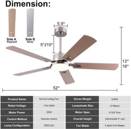 MIVRAY Plafondventilator Met Verlichting En Afstandsbediening – 52 Inch – 5 Bladen – Metaal En Hout – Nikkel – Slaapkamer En Woonkamer — thumbnail 5