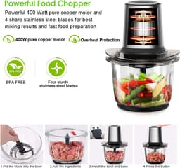 Elektrische Hakmolen - Keukenmachine Universeel - Snel Ingrediënten Snijden - 4 Roestvrijstalen Messen - 1.5L Glazen Kom - Multicolor — thumbnail 4