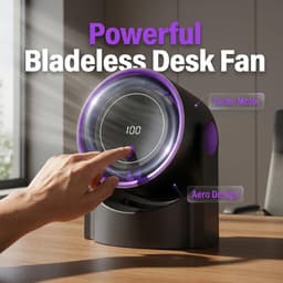USB‑oplaadbare bladloze bureauventilator, 100 snelheden digitaal display, 12‑uurs batterij, zwart — thumbnail 4