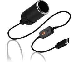 SnelShoppen - USB C naar 12V Sigarettenaansteker Adapter met LED Scherm en Schakelaar, Verstelbare Voltage 5V 9V 12V 15V 20V, 30cm voor GPS, Dashcam,