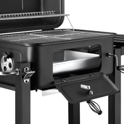 tectake® Houtskool Grill met Thermometer - Smoker op Wielen met Deksel - Barbeque met Opklapbaar Zijrek met Haken - BBQ met in Hoogte Verstelbare Houtskoolbak - Mobiele Grillwagen - Met Aslade en Ventilatieschuiven - Rooster — thumbnail 4