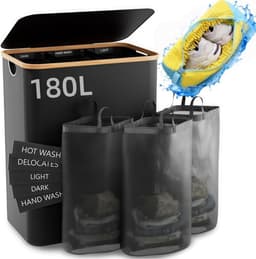 Wasmand 3 Vakken - Kleding Opberger - Sorteren Wasgoed - Inclusief Schoenwaszak - 180 Liter - Zwart — thumbnail 1