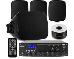 Power Dynamics set van 4 buiten speakers - 2-zone versterker met mini speakers - Bluetooth - Zwart