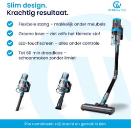 CleanWise Rita Flex – Steelstofzuiger Draadloos met Gebogen Stang & Kruimeldieffunctie – Zonder Zak op Accu – 30kPa Zuigkracht – Groene Laser – HEPA 14 Filter – Tot 60 Min Accuduur – Voor Huisdierharen – Nederlands Product — thumbnail 2