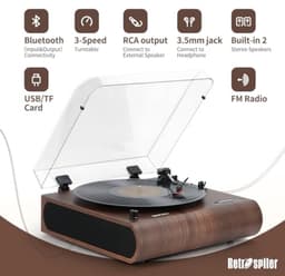 Platenspeler 3-snelheden Bluetooth draaitafel met ingebouwde luidsprekers, FM-radio, vinyl naar MP3-codering, USB/SD, LED-scherm, houten retro LP-speler, bruin — thumbnail 5