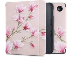 kwmobile e-reader hoesje geschikt voor Kobo Libra 2 hoes - E reader flip case met magnetische sluiting - Ereader cover - Magnolia design in poederroze / wit / oudroze
