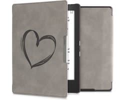 kwmobile e-reader hoesje geschikt voor Kobo Aura H2O Edition 1 hoes - Ereader flip case met standaard - Kunstleren e reader cover - Brushed Hart design in grijs