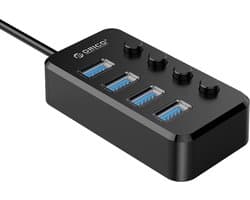 ORICO USB 3.0 hub met 4 poorten en aan/uit schakelaars - externe stroomaanvoer mogelijk - zwart