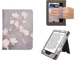 kwmobile e-reader hoesje geschikt voor Kobo Clara BW / Colour hoes - E reader flip case van kunstleer - Ereader cover met stand - Magnolia design in taupe / wit / blauwgrijs