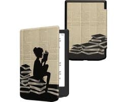 kwmobile e-reader hoesje geschikt voor Pocketbook Verse / Verse Lite / Verse Pro / Color / Vivlio Light/Light HD hoes - E reader flip case met magnetische sluiting - Ereader cover - Meisje met boeken design in zwart / beige