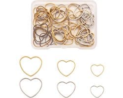 Set van 60 roestvrijstalen holle hartvormige bedelhangers in goud en zilver, met oorbelringen in 3 maten voor het maken van DIY sieraden